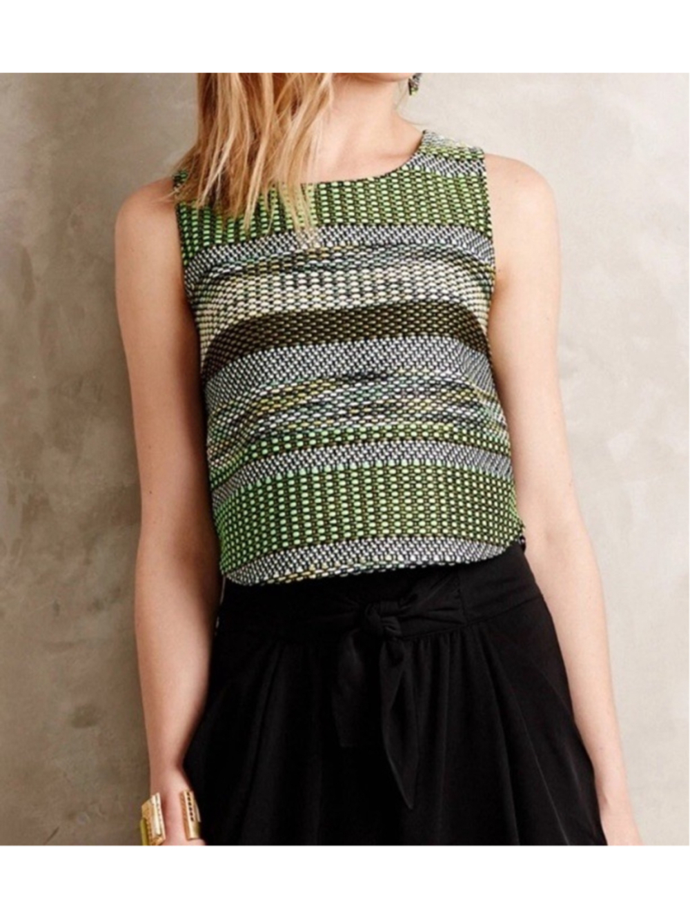 Leifsdottir Anthropologie Green and Black Embroidered Patterned Cropped Tank Top